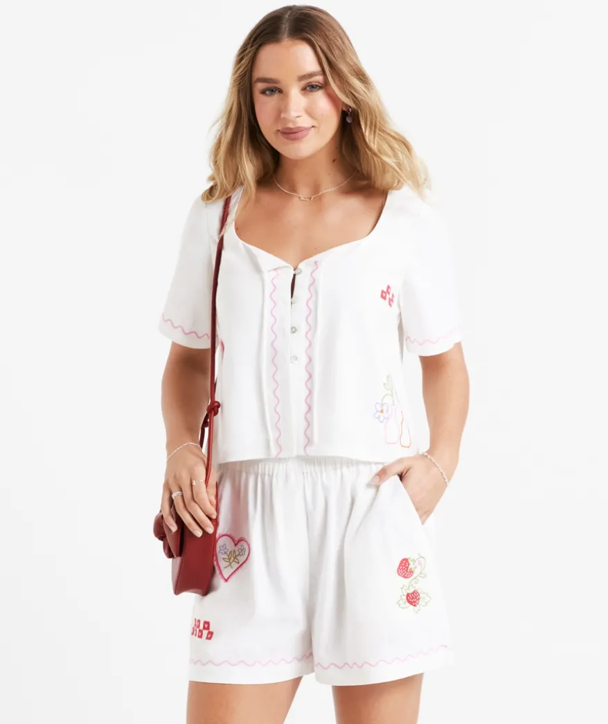 AGNES LINEN BLEND EMBROIDERED SHORT