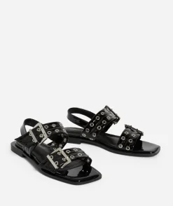 AVA BLACK EYELET DOUBLE BUCKLE SANDAL