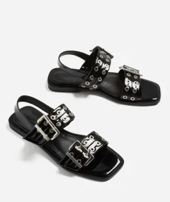 AVA BLACK EYELET DOUBLE BUCKLE SANDAL