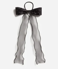 BLACK STUDDED SATIN HAIR TIE BOW