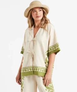 CAROLINE LINEN BLEND TIE FRONT SHIRT