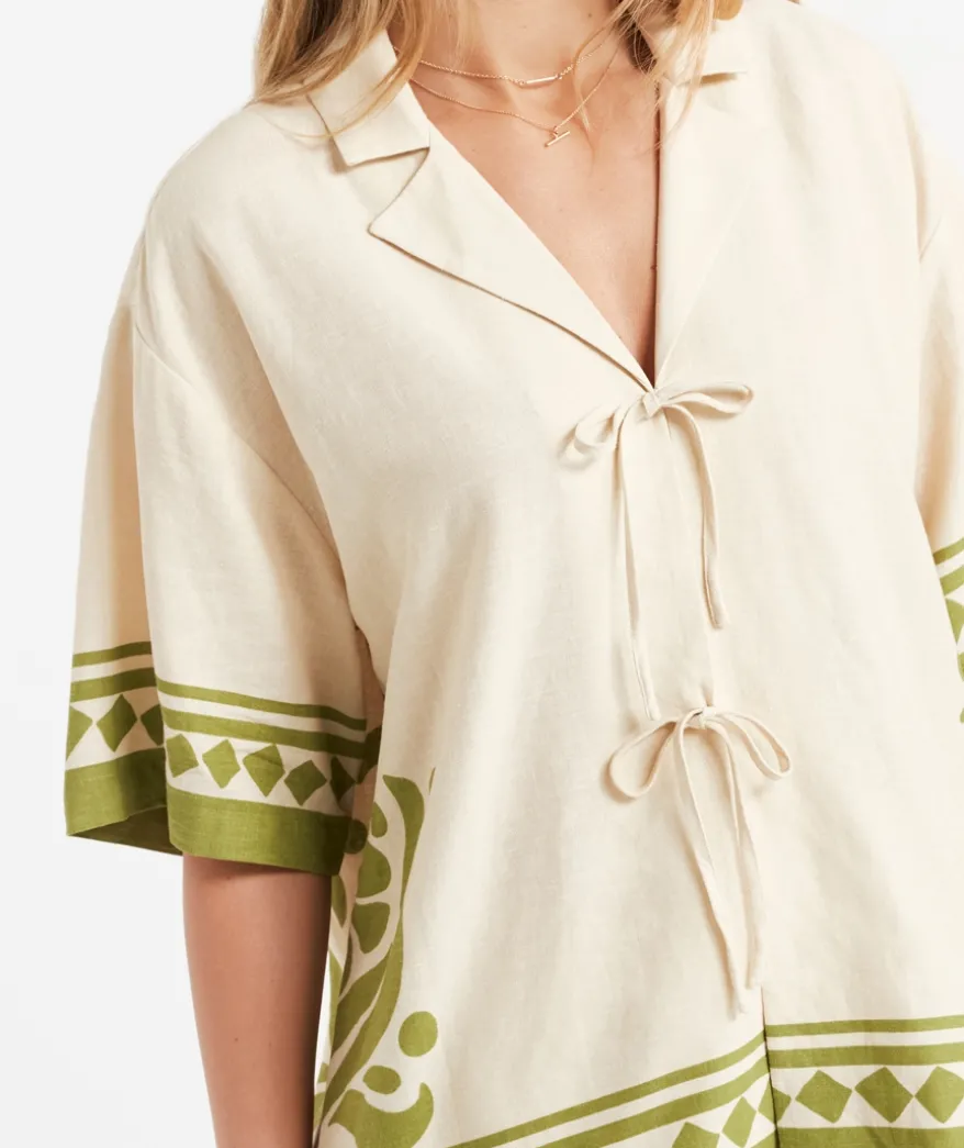 CAROLINE LINEN BLEND TIE FRONT SHIRT