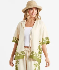 CAROLINE LINEN BLEND TIE FRONT SHIRT