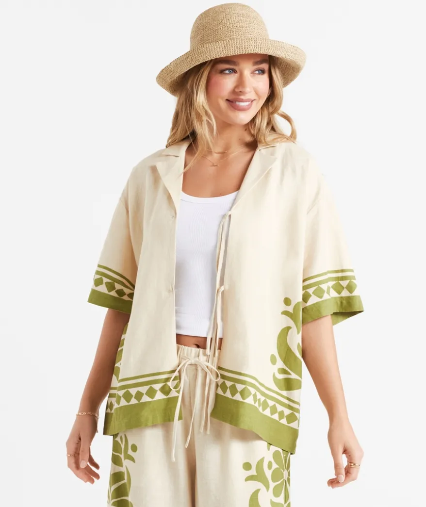 CAROLINE LINEN BLEND TIE FRONT SHIRT