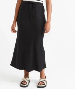 EBONY LINEN BLEND DRAWSTRING MIDI SKIRT
