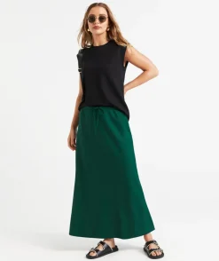 EBONY LINEN BLEND DRAWSTRING MIDI SKIRT