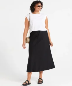EBONY LINEN BLEND DRAWSTRING MIDI SKIRT