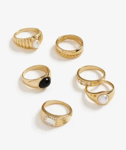 GOLD BLACK STONE CHUNKY RING PACK