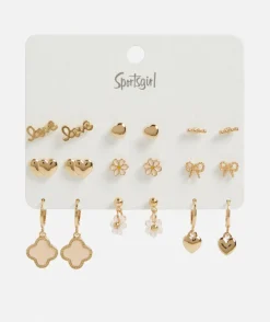 GOLD FLOWER & PINK HEARTS STUD & HOOP EARRING PACK