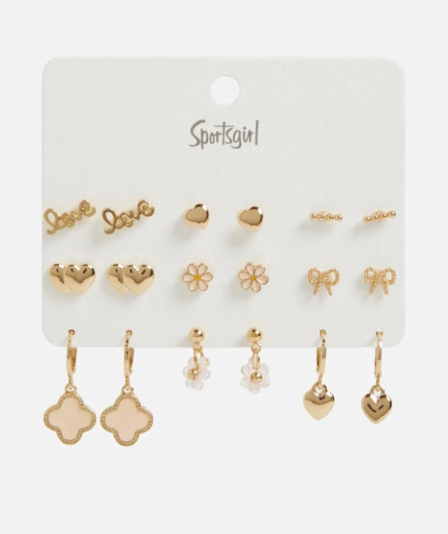 GOLD FLOWER & PINK HEARTS STUD & HOOP EARRING PACK