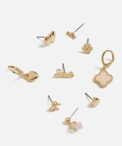 GOLD FLOWER & PINK HEARTS STUD & HOOP EARRING PACK