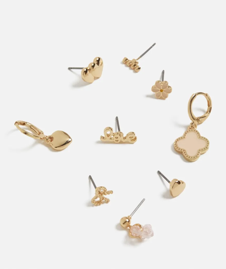 GOLD FLOWER & PINK HEARTS STUD & HOOP EARRING PACK