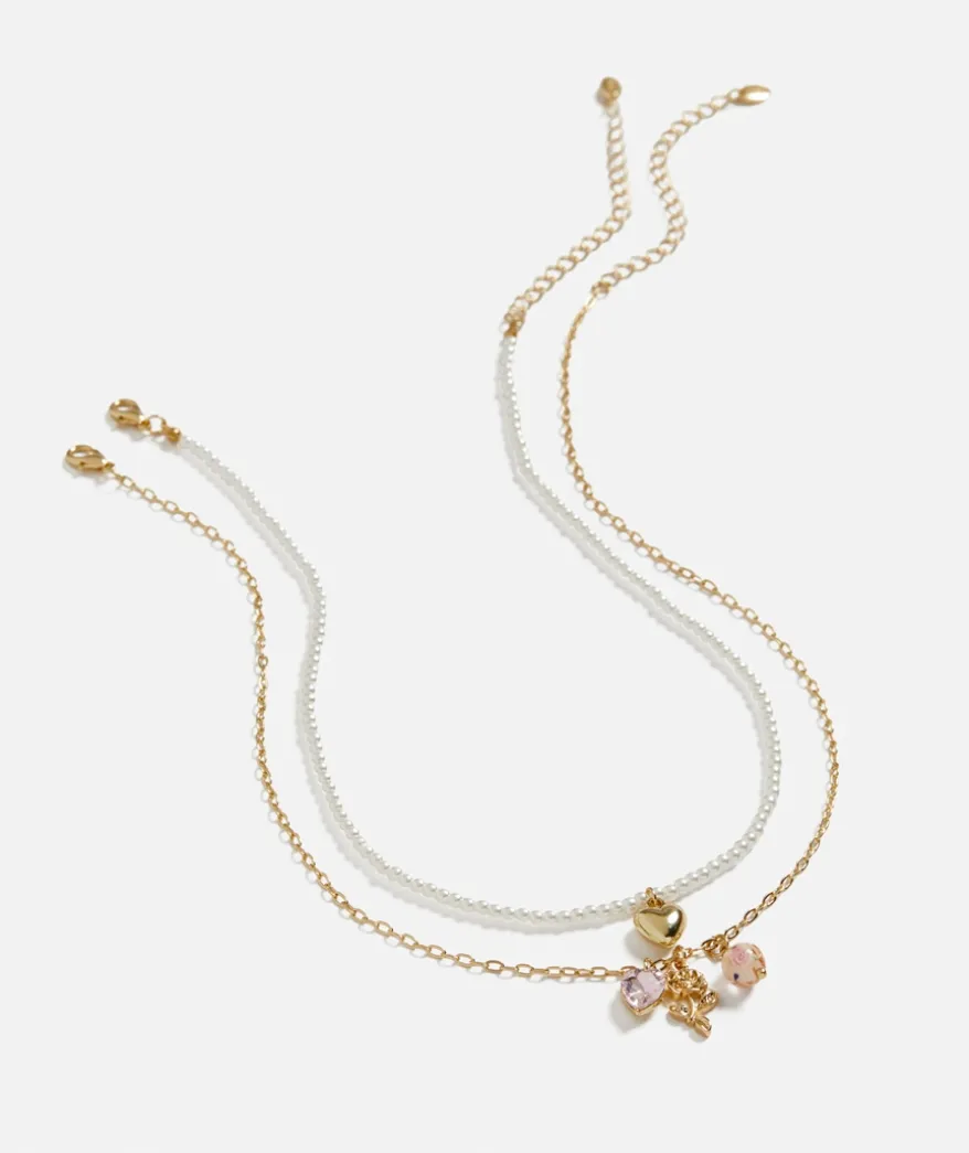 GOLD HEART AND ROSE PEARL LAYERED NECKLACE