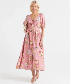JOEY BUTTON PRINTED MIDI DRESS