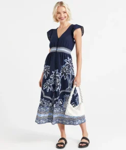 JOSLYN PRINTED LINEN BLEND MIDI DRESS
