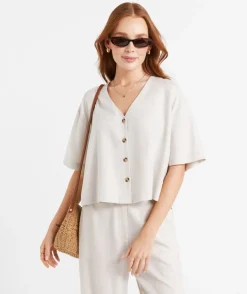 LEAH LINEN BLEND CROPPED SHIRT