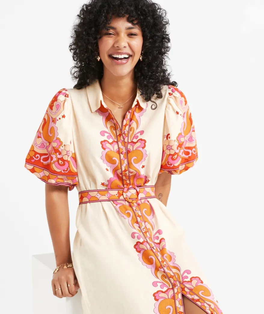 MARIAH PRINTED LINEN BLEND MIDI DRESS