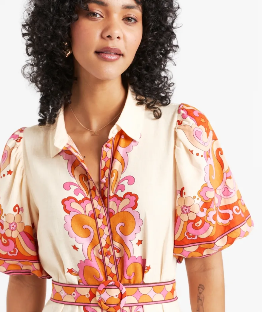 MARIAH PRINTED LINEN BLEND MIDI DRESS