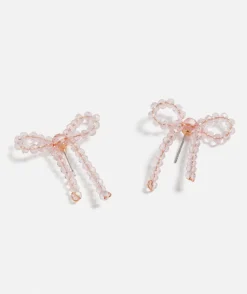 PINK BEADED BOW STUD EARRING