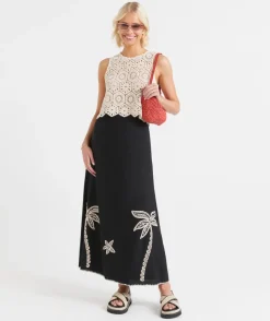 SERENA EMBROIDERED LINEN BLEND MIDI SKIRT