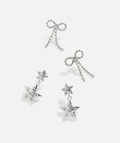SILVER BOWS AND STARS RHINESTONE EARRING PACK