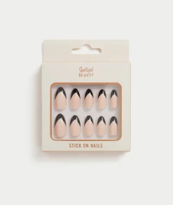 STICK ON NAILS - ALMOND - BLACK TIPS
