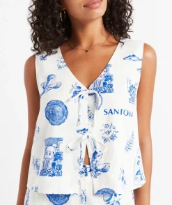 TANIA LINEN BLEND PRINTED TIE FRONT TOP
