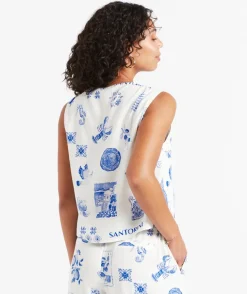 TANIA LINEN BLEND PRINTED TIE FRONT TOP