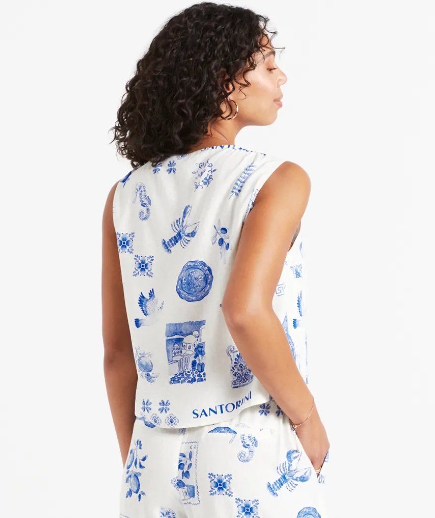 TANIA LINEN BLEND PRINTED TIE FRONT TOP
