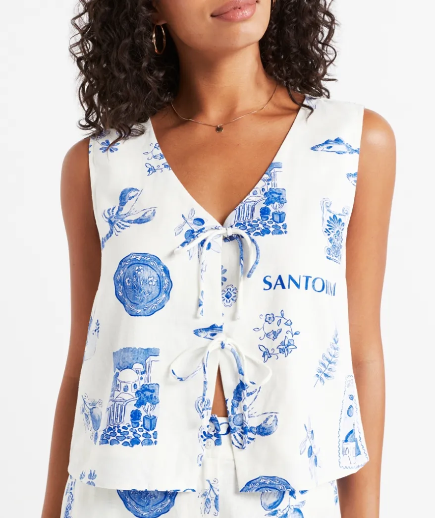 TANIA LINEN BLEND PRINTED TIE FRONT TOP