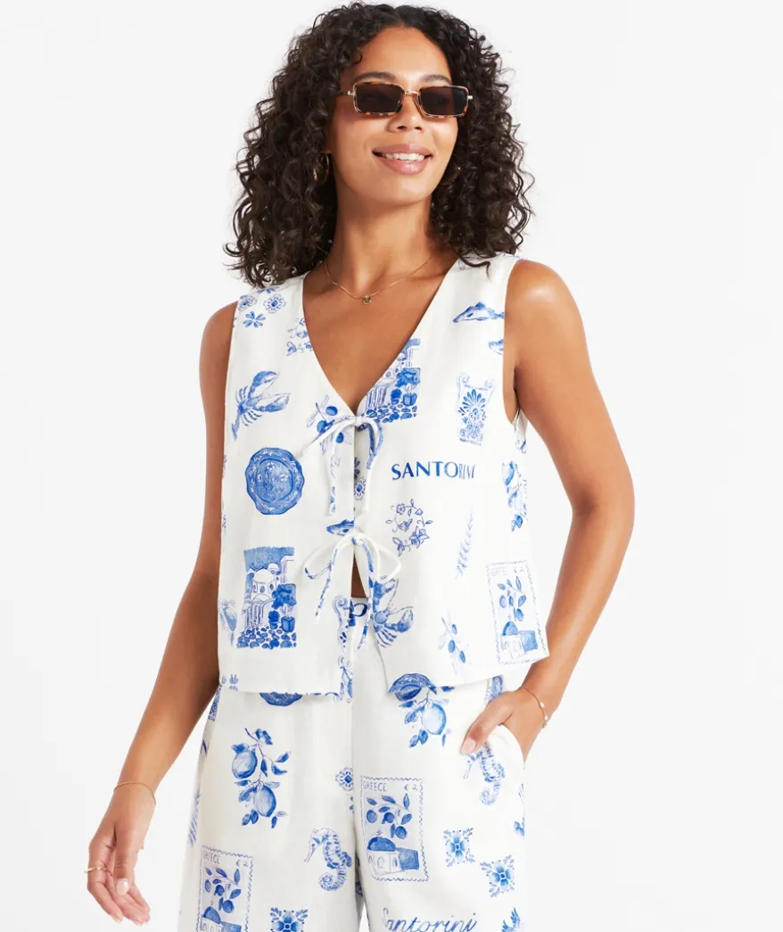 TANIA LINEN BLEND PRINTED TIE FRONT TOP