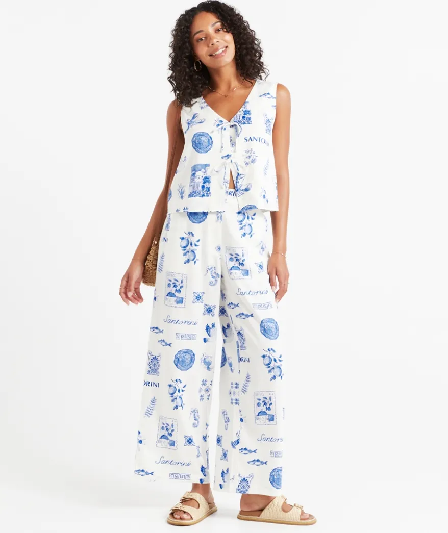 TANIA LINEN BLEND PRINTED TIE FRONT TOP